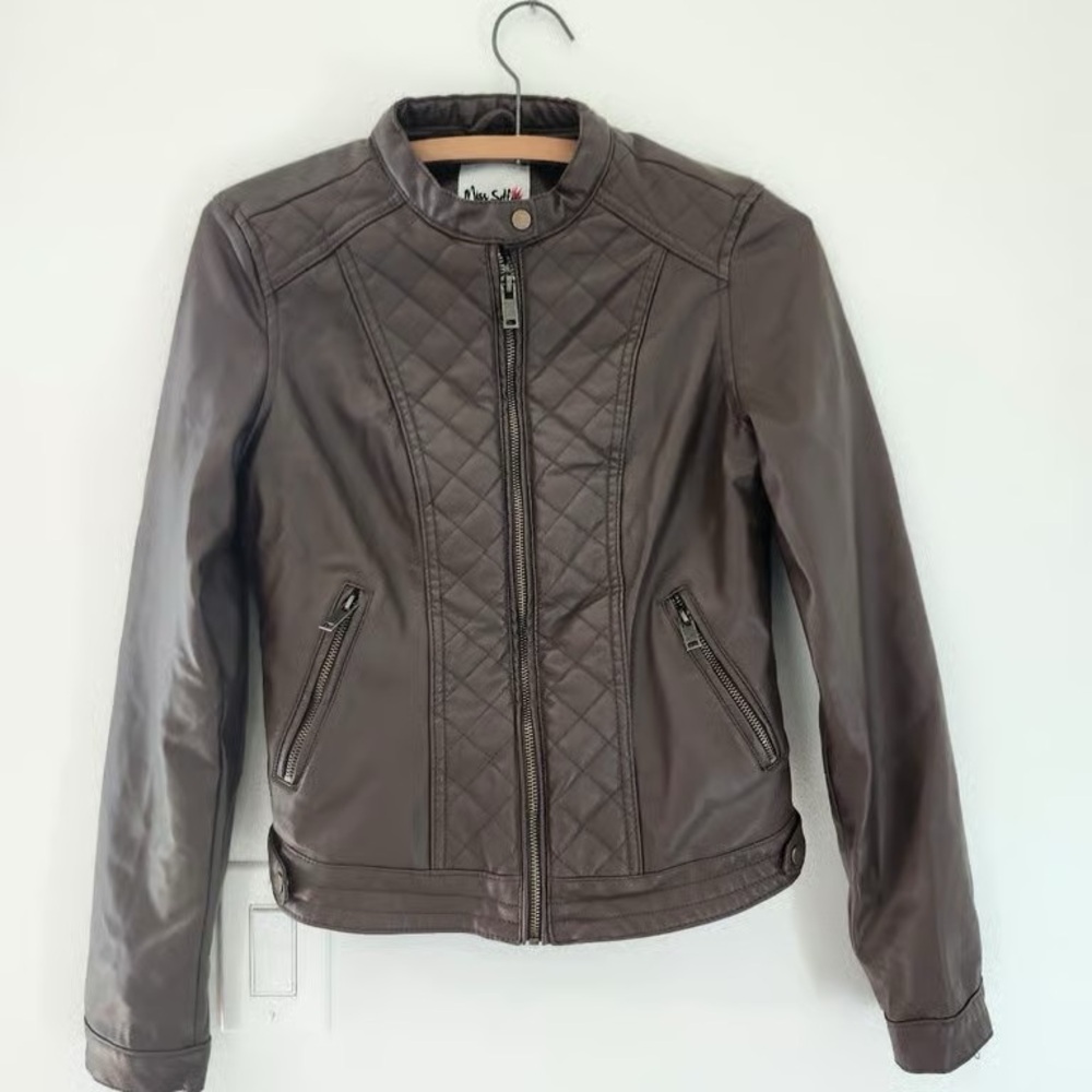 Women's Quilted Faux Leather Jacket - Brown